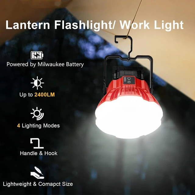 Alt view image 2 of 6 - 2400LM LED Camping Lantern, Compatible with Milwaukee M18 18V Battery, 3 Brightness, No Battery