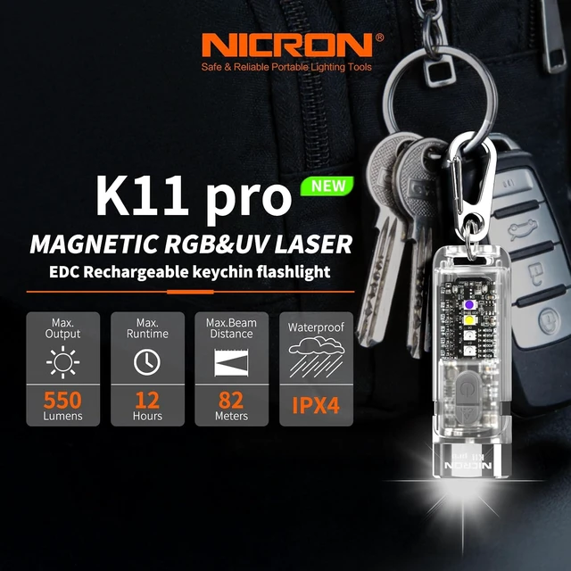Alt view image 2 of 7 - K11 Pro Rechargeable Keychain Flashlight, 550 Lumen EDC