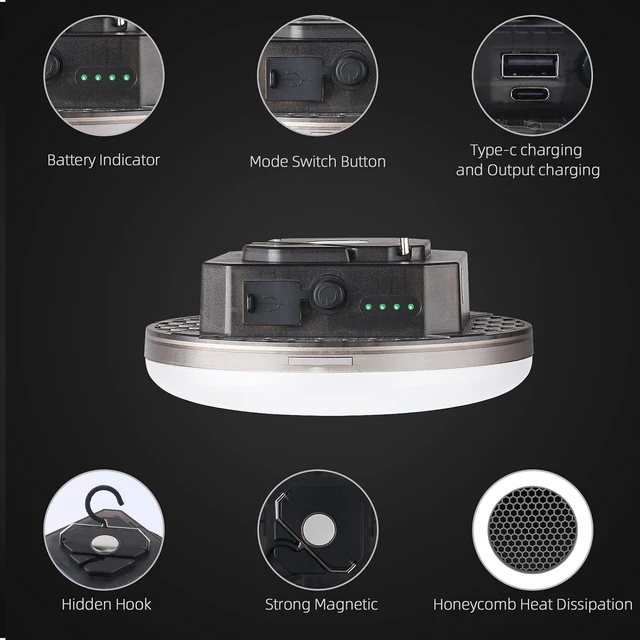 Alt view image 5 of 6 - 2-Pack 40W 5000LM Rechargeable Camping Hanging Tent Lights, 4 Lighting Modes