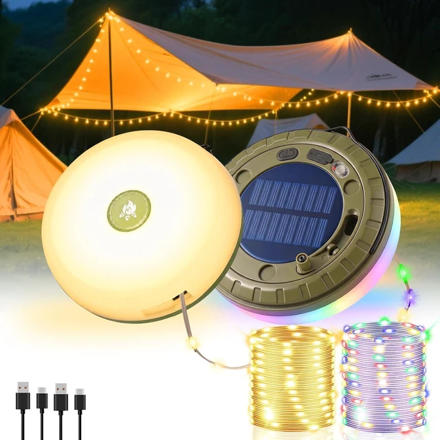 Main image of 2-Pack 32.8ft Solar Camping String Lights, Warm/RGB Rechargeable Tent Lights
