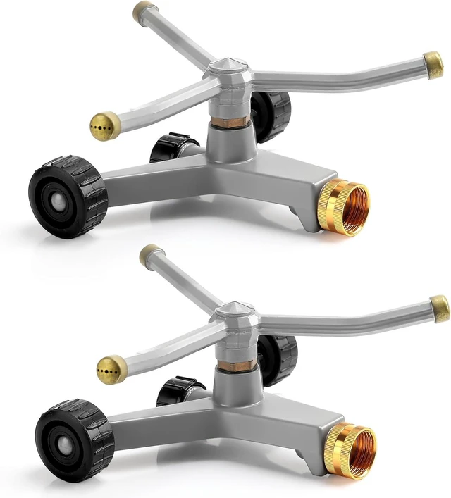 Main image of 2-Pack 3-Arm Metal Rotary Lawn Sprinkler, 360° with Wheeled Base, Covers 538 sq ft, Grey