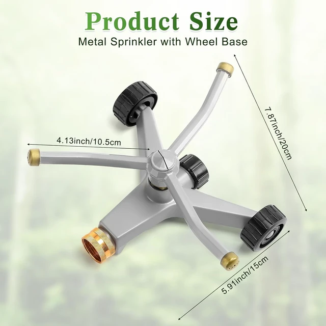 Alt view image 2 of 7 - 2-Pack 3-Arm Metal Rotary Lawn Sprinkler, 360° with Wheeled Base, Covers 538 sq ft, Grey