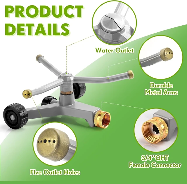 Alt view image 4 of 7 - 2-Pack 3-Arm Metal Rotary Lawn Sprinkler, 360° with Wheeled Base, Covers 538 sq ft, Grey