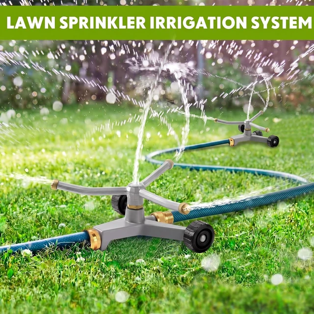 Alt view image 3 of 7 - 2-Pack 3-Arm Metal Rotary Lawn Sprinkler, 360° with Wheeled Base, Covers 538 sq ft, Grey