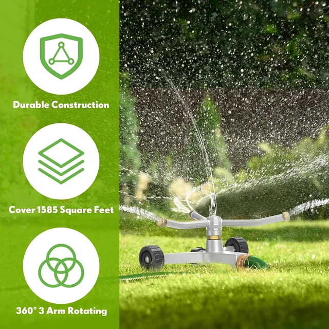 Alt view image 5 of 7 - 2-Pack 3-Arm Metal Rotary Lawn Sprinkler, 360° with Wheeled Base, Covers 538 sq ft, Grey