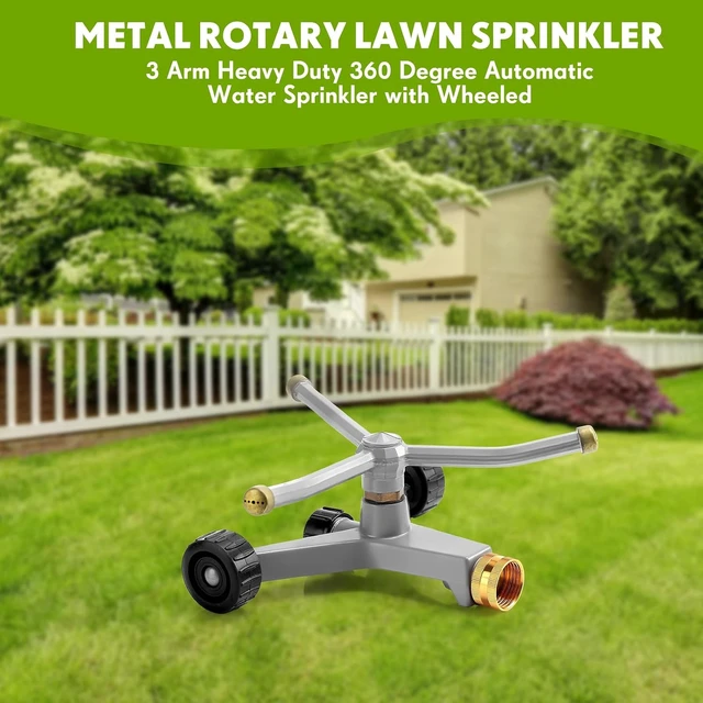 Alt view image 7 of 7 - 2-Pack 3-Arm Metal Rotary Lawn Sprinkler, 360° with Wheeled Base, Covers 538 sq ft, Grey