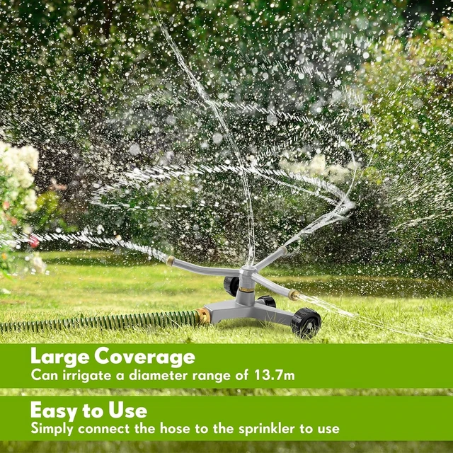 Alt view image 6 of 7 - 2-Pack 3-Arm Metal Rotary Lawn Sprinkler, 360° with Wheeled Base, Covers 538 sq ft, Grey
