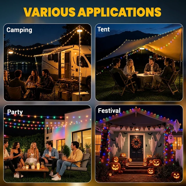 Alt view image 6 of 7 - 2-Pack 32.8ft Solar Camping String Lights, Warm/RGB Rechargeable Tent Lights