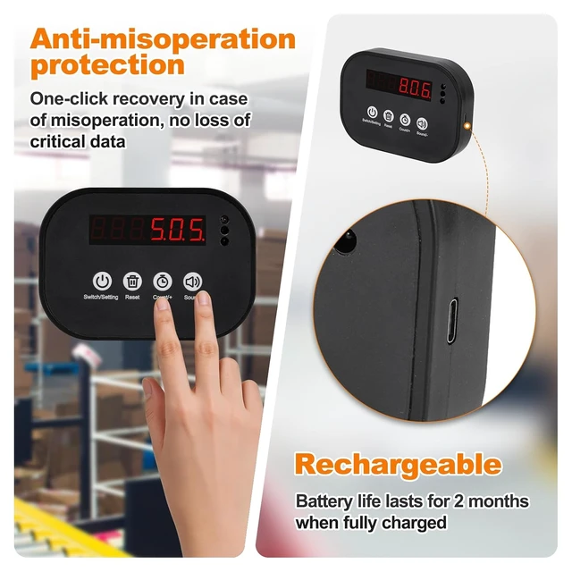 Alt view image 4 of 7 - Wireless Infrared LED Counter, 999999 Count, Rechargeable with Preset Alarm for Conveyor & Gym