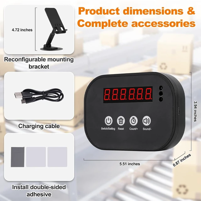 Alt view image 7 of 7 - Wireless Infrared LED Counter, 999999 Count, Rechargeable with Preset Alarm for Conveyor & Gym