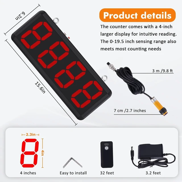 Alt view image 5 of 7 - 4" Digital LED Counter, 9999 IR Sensor for Conveyor Belt Counting