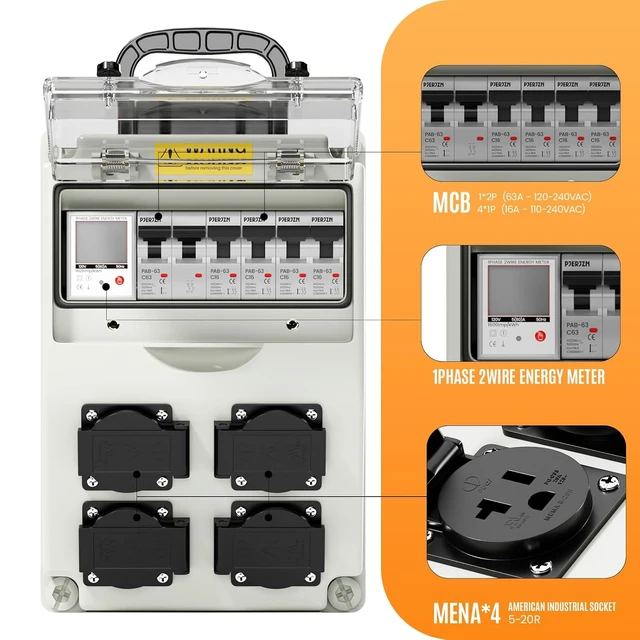Alt view image 3 of 7 - 110V 63A Power Distribution Box with Circuit Breaker