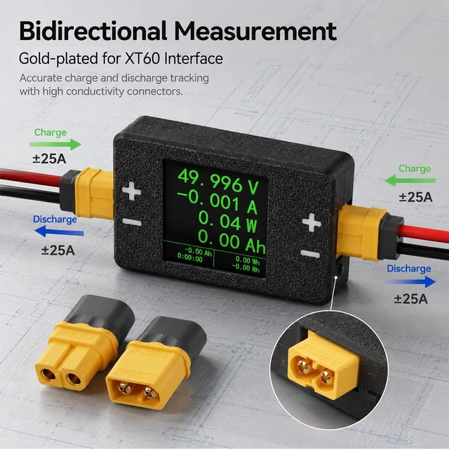 Alt view image 3 of 7 - Digital Power Meter, 8-150V 25A/50A Battery Tester for XT60, RC LiPo Discharge Monitor