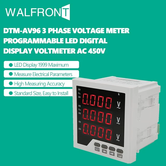 Alt view image 2 of 7 - 3-Phase AC 450V Digital Voltmeter, DTM-AV96 Panel with Programmable Voltage/Current/Frequency