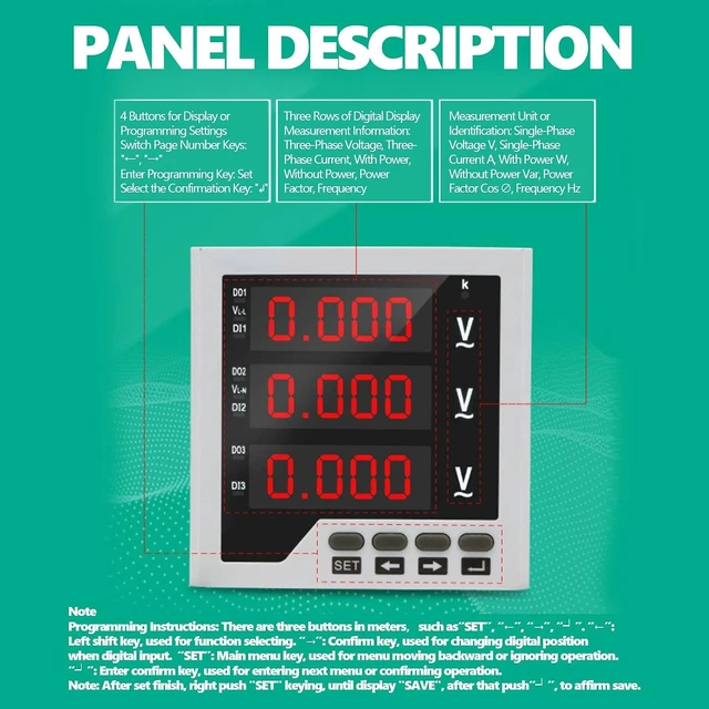 Alt view image 4 of 7 - 3-Phase AC 450V Digital Voltmeter, DTM-AV96 Panel with Programmable Voltage/Current/Frequency