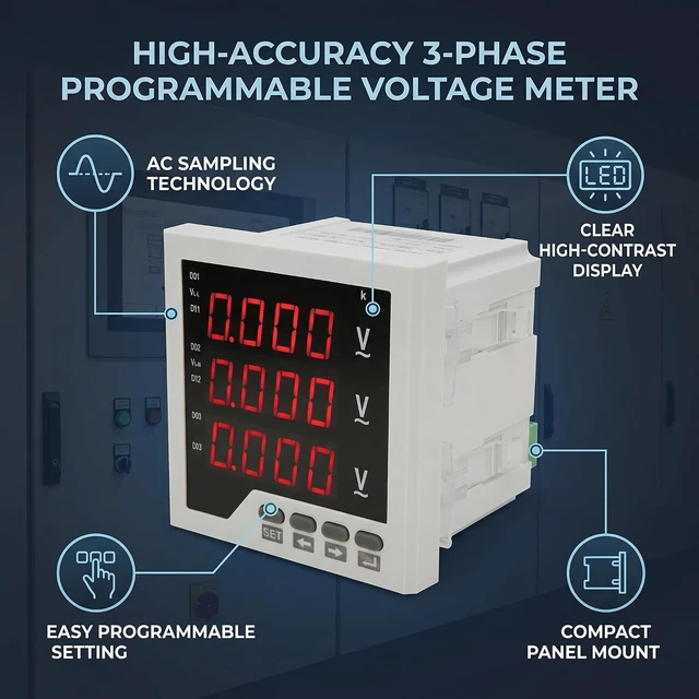 Alt view image 6 of 7 - 3-Phase AC 450V Digital Voltmeter, DTM-AV96 Panel with Programmable Voltage/Current/Frequency
