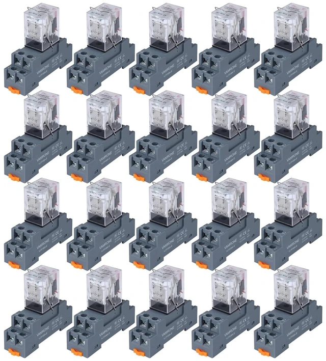 Main image of 20-Pack 8-Pin 10A Electromagnetic Relay, 24V AC Coil, DPDT with Socket Base & LED