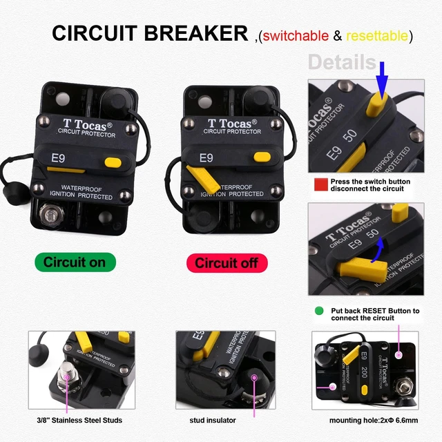 Alt view image 2 of 7 - 250A Marine Battery Switch Circuit Breaker, 3/8"-16 Stud, UL