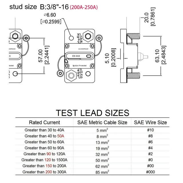 Alt view image 5 of 7 - 250A Marine Battery Switch Circuit Breaker, 3/8"-16 Stud, UL