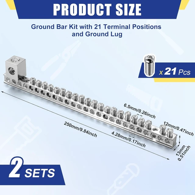 Alt view image 2 of 6 - 2-Set Ground Bar Kit with 21 Terminal Positions & Ground Lug