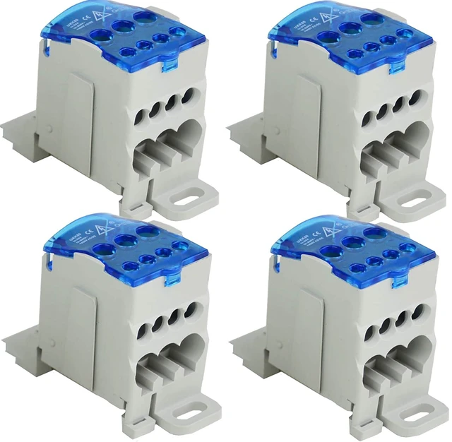 Main image of 4-Pack 6-Position Screw Terminal Strip with Cover, 80A 400V DIN Rail Junction Box