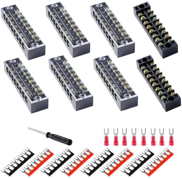 Main image of 8-Set 8-Position Dual Row Terminal Block, 600V 15A Screw Strip with Cover & Fork Connectors