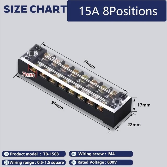 Alt view image 2 of 7 - 8-Set 8-Position Dual Row Terminal Block, 600V 15A Screw Strip with Cover & Fork Connectors