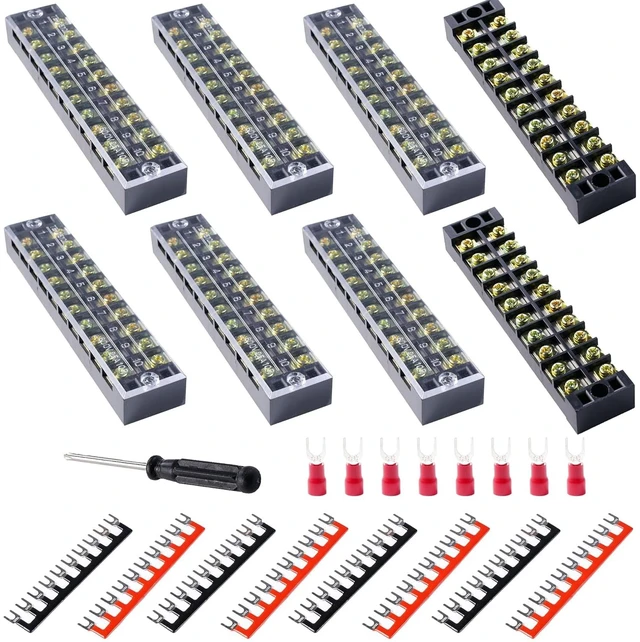 Main image of 8-Set 10-Position Dual Row Terminal Block, 600V 25A Screw Strip with Cover & Fork Connectors