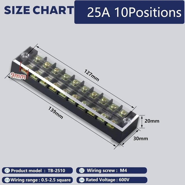 Alt view image 2 of 7 - 8-Set 10-Position Dual Row Terminal Block, 600V 25A Screw Strip with Cover & Fork Connectors