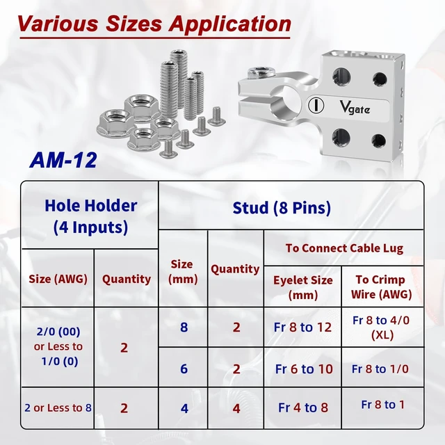 Alt view image 4 of 7 - 12-Way Battery Terminal Connector, 8AWG to 4/0 Gauge, Positive & Negative for SAE/DIN/EN Post