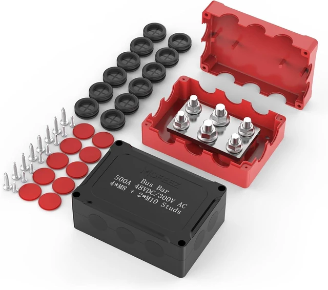Main image of 500A Waterproof Bus Bar, 2x M10 + 4x M8 Studs, 48V DC with Cover for Marine & Automotive