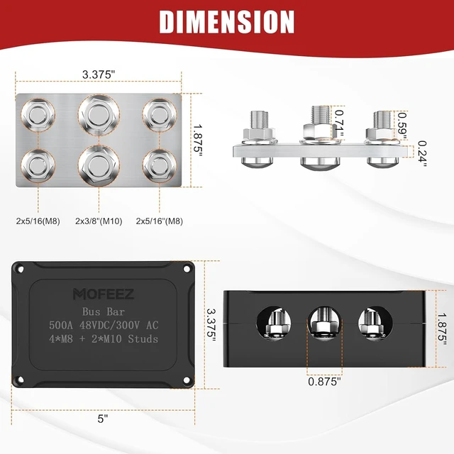 Alt view image 2 of 6 - 500A Waterproof Bus Bar, 2x M10 + 4x M8 Studs, 48V DC with Cover for Marine & Automotive
