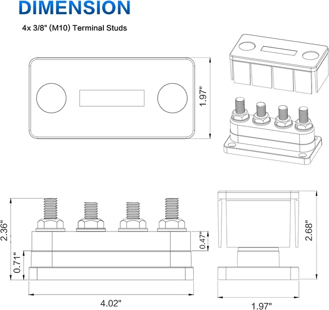 Alt view image 2 of 5 - 600A Bus Bar, 4x M10 Studs, 48V DC with Cover for Marine, Auto & RV, Black & Red