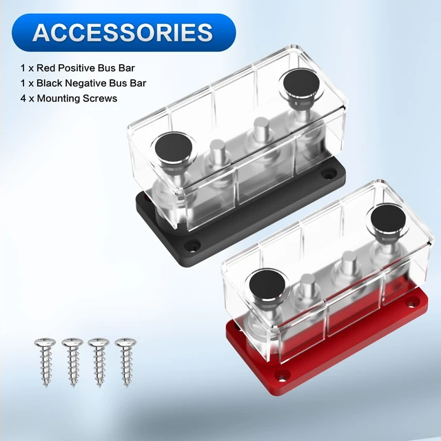 Alt view image 4 of 5 - 600A Bus Bar, 4x M10 Studs, 48V DC with Cover for Marine, Auto & RV, Black & Red
