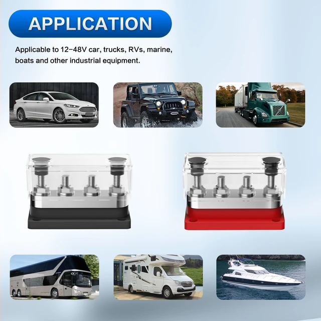 Alt view image 5 of 5 - 600A Bus Bar, 4x M10 Studs, 48V DC with Cover for Marine, Auto & RV, Black & Red