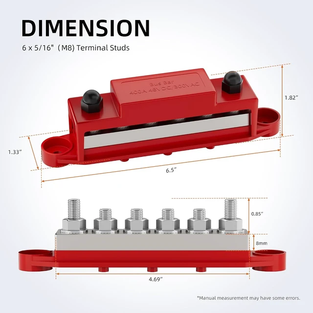 Alt view image 2 of 6 - 400A 12V Bus Bar, 6x M8 Studs, Positive & Negative for Boat, Auto & Solar