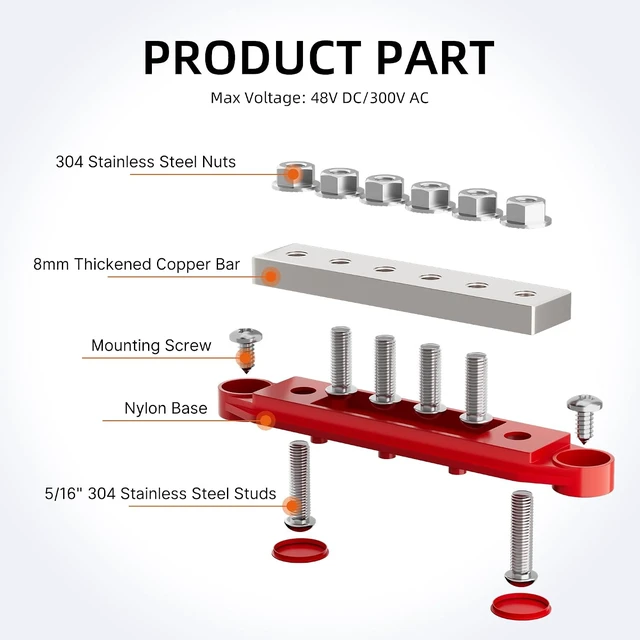 Alt view image 3 of 6 - 400A 12V Bus Bar, 6x M8 Studs, Positive & Negative for Boat, Auto & Solar