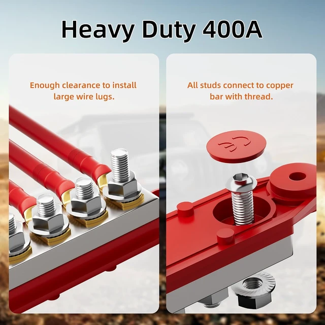 Alt view image 5 of 6 - 400A 12V Bus Bar, 6x M8 Studs, Positive & Negative for Boat, Auto & Solar