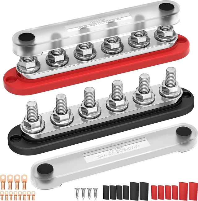 Main image of 300A 12V Bus Bar with 6x M10 Studs & Cover, Kit with Copper Lugs for Marine, Boat, Solar & RV