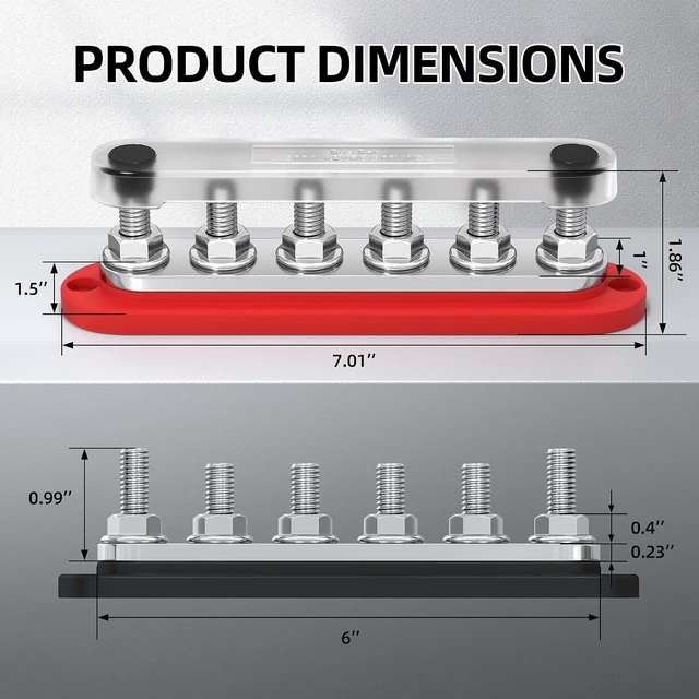 Alt view image 2 of 7 - 300A 12V Bus Bar with 6x M10 Studs & Cover, Kit with Copper Lugs for Marine, Boat, Solar & RV