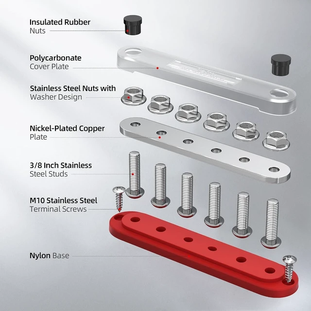 Alt view image 3 of 7 - 300A 12V Bus Bar with 6x M10 Studs & Cover, Kit with Copper Lugs for Marine, Boat, Solar & RV