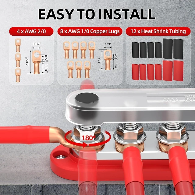 Alt view image 4 of 7 - 300A 12V Bus Bar with 6x M10 Studs & Cover, Kit with Copper Lugs for Marine, Boat, Solar & RV