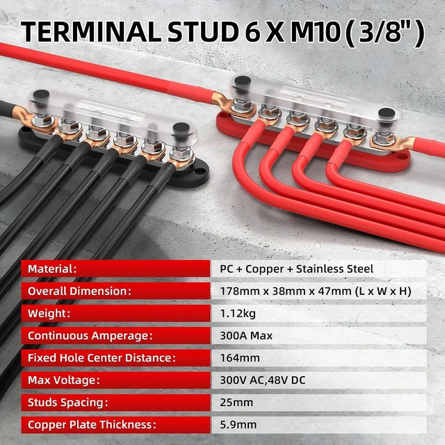 Alt view image 5 of 7 - 300A 12V Bus Bar with 6x M10 Studs & Cover, Kit with Copper Lugs for Marine, Boat, Solar & RV