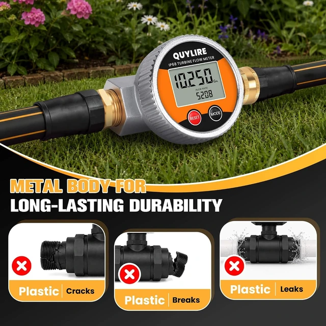 Alt view image 2 of 7 - IP68 Metal Water Flow Meter for Garden Hose, RV & Lawn Sprinkler