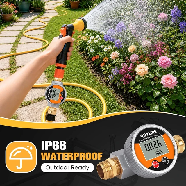 Alt view image 3 of 7 - IP68 Metal Water Flow Meter for Garden Hose, RV & Lawn Sprinkler