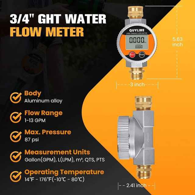 Alt view image 7 of 7 - IP68 Metal Water Flow Meter for Garden Hose, RV & Lawn Sprinkler