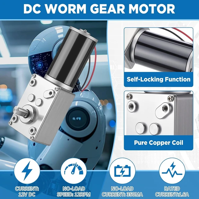 Alt view image 3 of 7 - 6-Piece 12V 12RPM Worm Gear Motor Kit with 20A PWM Controller, Self-Locking for DIY