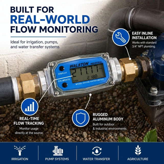 Alt view image 5 of 7 - 3/4" Digital Water Flow Meter, Inline with NPT Threads, Gallons/Liters (GH3100)