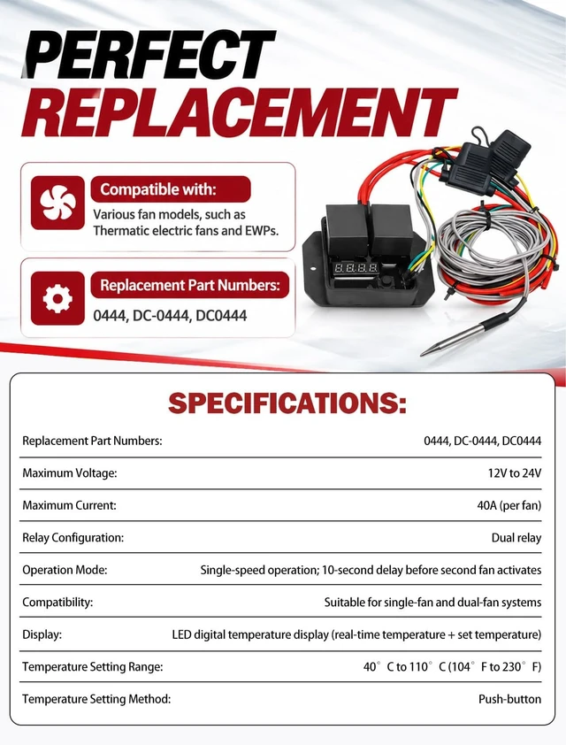 Alt view image 2 of 7 - 12V/24V Radiator Fan Controller Kit with LED Display, Replaces DC0444