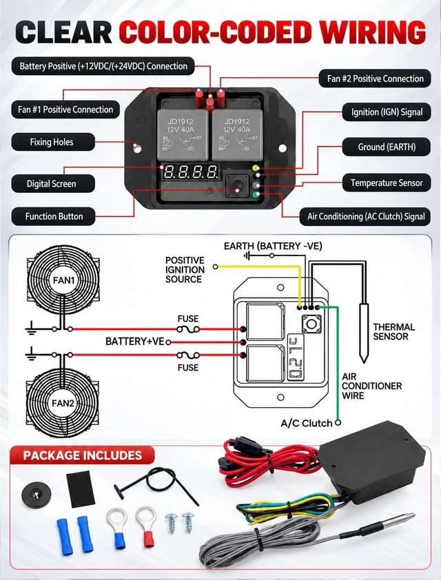 Alt view image 6 of 7 - 12V/24V Radiator Fan Controller Kit with LED Display, Replaces DC0444